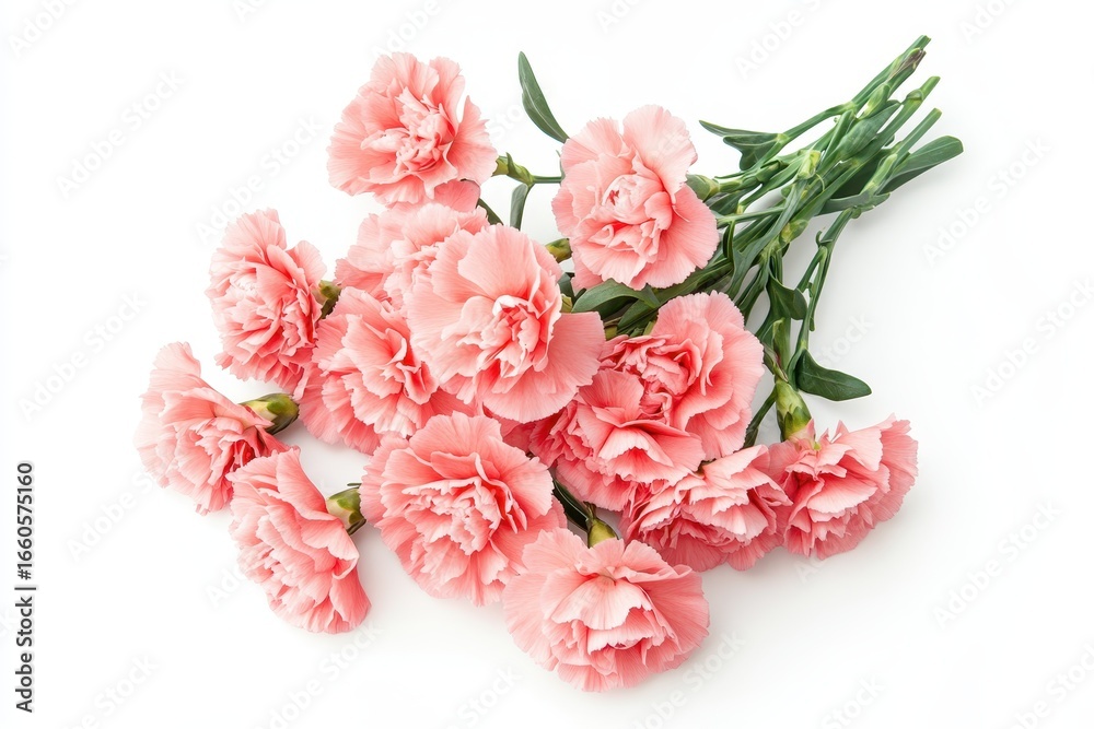 Pink Carnation Bouquet Isolated on White, Ideal for Celebrations Like Valentine's Day and Mother's Day - Top View, Flat Lay Design with Ample Copy Space Pink Carnation Bouquet Isolated on White, Ideal for Celebrations Like Valentine's Day and Mother's Day - Top View, Flat Lay Design with Ample Copy Space