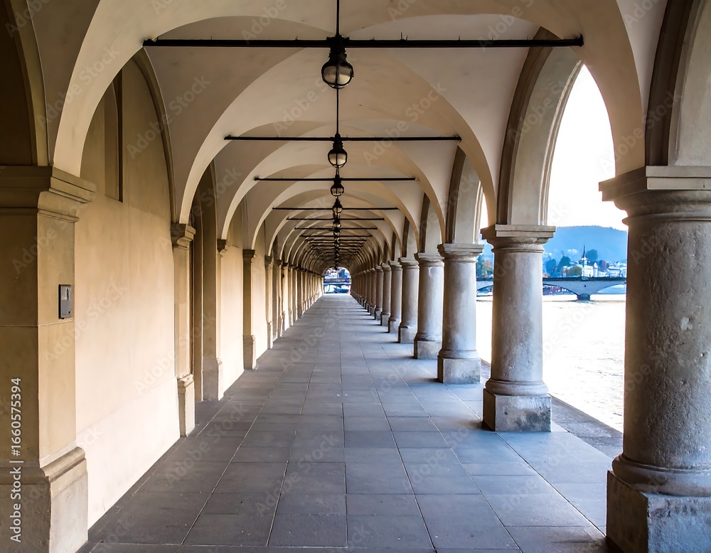 Fototapeta premium Elegant arched walkway by a river