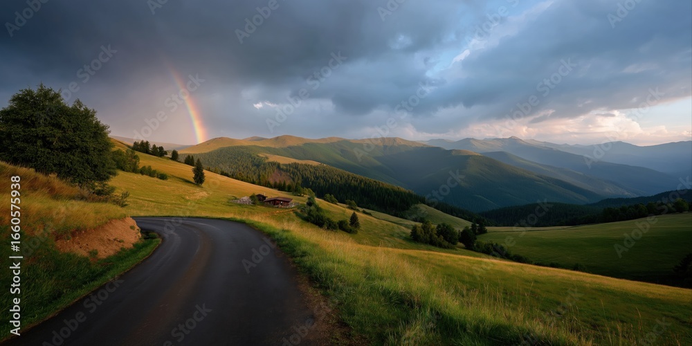 Obraz premium Scenic mountain landscape with rainbow and winding road under dramatic sky