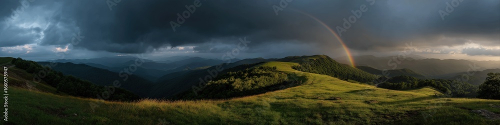 Fototapeta premium Panoramic view of green hills with rainbow under dark cloudy sky at sunset