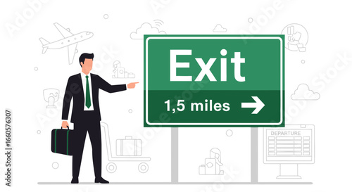 Business traveler following airport exit signs for transportation direction to destination