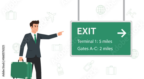 Businessman indicating directions at airport with sign indicating exit and terminals