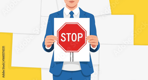 Businessman Holding Stop Sign Directives About Communication And Management