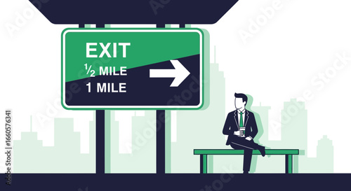Businessman Resting Near Highway Exit Sign Offering A Moment Of Respite