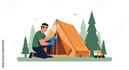 Camper Assembling Tent Under Pine Trees During Outdoor Adventure At Campsite