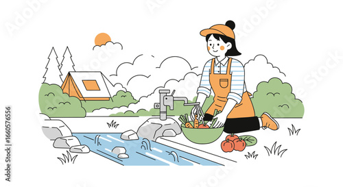 Camping Trip Illustration Woman Preparing Vegetables at the River With Tent