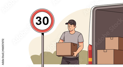 Careful Mover Working With Boxes And A Speed Limit Sign On The Road