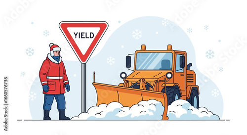 Careful Snow Removal Operation With Professional Equipment And Safety Sign