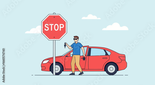 Careless Driver Near Stop Sign Getting out the New Red Car Illustration