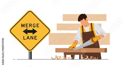 Carpenter At Work With Merge Lane Road Sign Symbolizing Combining Work