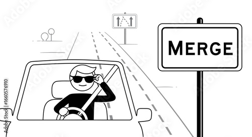Cartoon Driver Merging Lanes Safely On A Sunny Road Trip Adventure