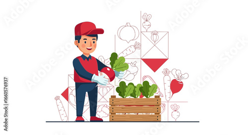 Cartoon Farmer Harvesting Fresh Produce From His Garden For Healthy Eating Lifestyle