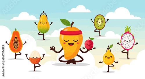 Cartoon Fruits Enjoying Yoga Session For Healthy Lifestyle In Peaceful Environment