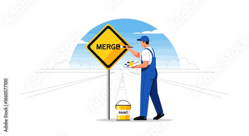 Cartoon illustration of a painter working on a merge road sign symbolising collaboration
