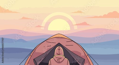 Cartoon illustration of a person inside a tent enjoying a scenic sunrise landscape view minimalist design with pastel colors