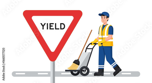 Cartoon illustration of a street cleaner at work near a yield sign for safety