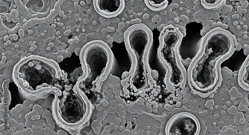 Scanning Electron Micrograph showing a detailed view of a complex, convoluted surface with looping nanostructures.