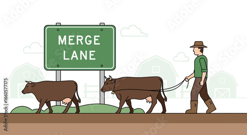 Cartoon Illustration of Farmer Herding Cows Past a Merge Lane Sign on a Farm