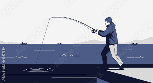 Catching Fish Leisurely Outdoor At Seaside Simple Illustration Vector Template