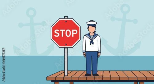 Cautionary Scene Sailor Stands By Stop Sign on Dock Overlooking the Water