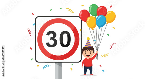 Celebrating Thirtieth Milestone Boy With Colorful Balloons And Confetti Elements