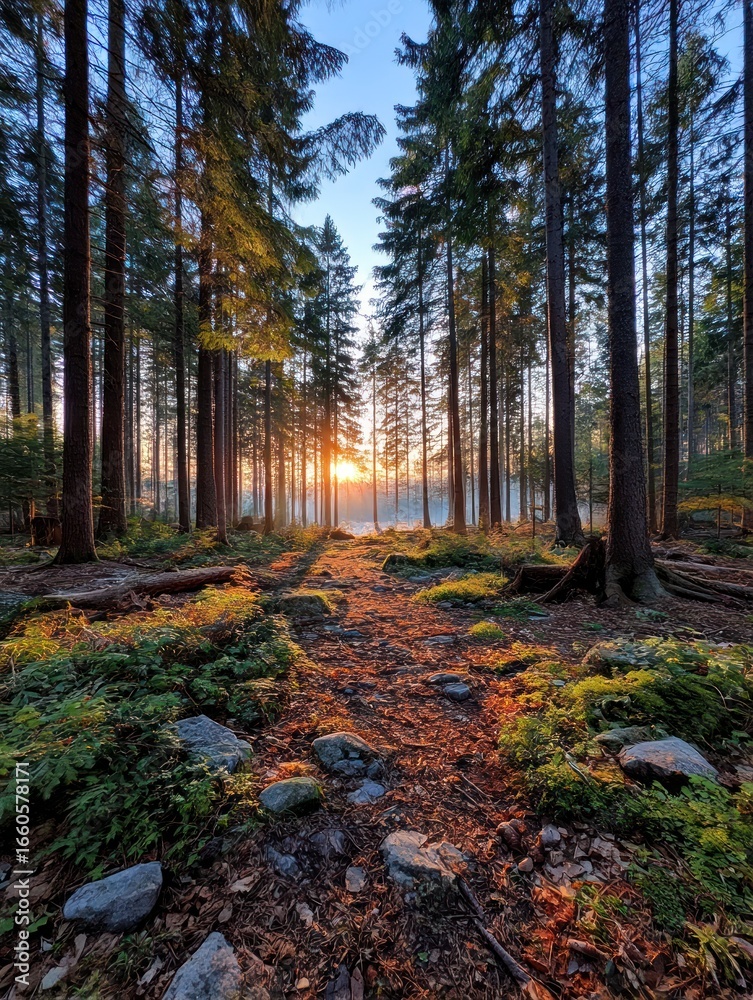 Fototapeta premium Sunrise through a forest path