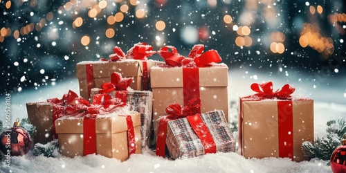 Christmas Gift Extravaganza: Festive Shopping Bags and Presents Under Snowy Bliss