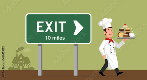 Chef Delivering Pastries Near Exit Sign for Cafe Business Advertisement