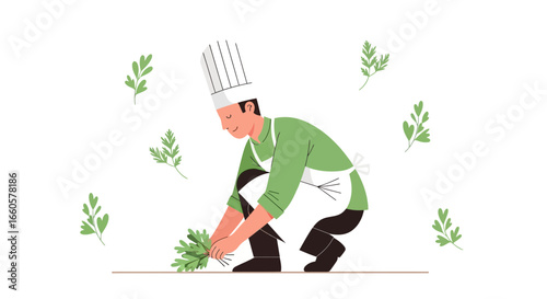 Chef Prepares Fresh Herbs From Garden For Culinary Delight