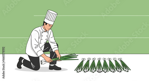 Chef Prepares Fresh Green Onions For Culinary Dishes In Professional Kitchen