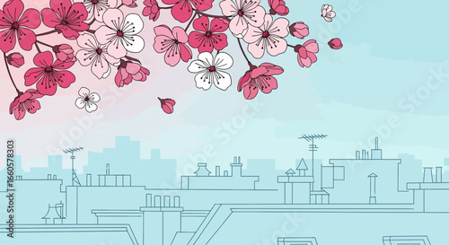 Cherry Blossom Skyline Serenity Gentle Floral Scene With Cityscape Backdrop