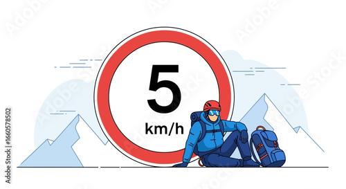 Climber Resting Near A Warning Sign Indicating A Speed Limit Of 5 Kilometers Per Hour