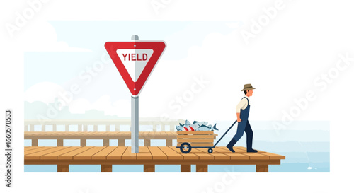 Coastal Catch Yields: Fresh Fish Delivery on the Waterfront Pier Illustration