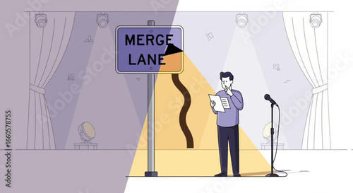 Comic Stand Up Striving For The Merge Lane Sign Funny Performance Stage