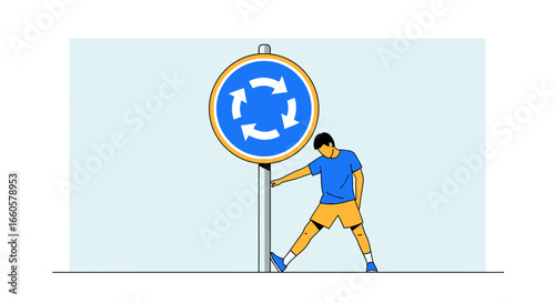 Concept Illustration Of Road Sign And Man Stretching Near The Roundabout