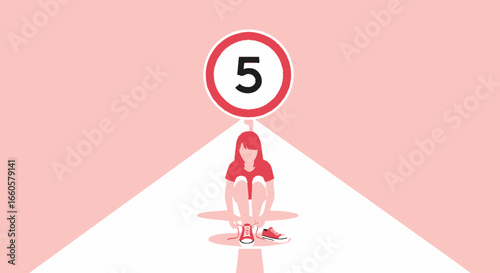 Conceptual illustration of a girl tying her shoelaces under a number five sign in pink