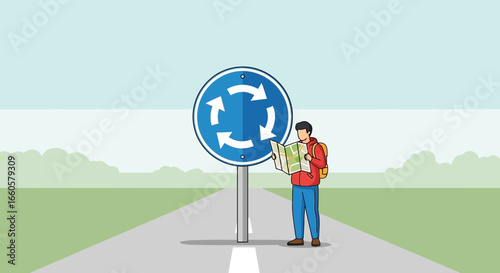 Confused Tourist Consults Map Beside Roundabout Sign In Outdoor Scenic Area