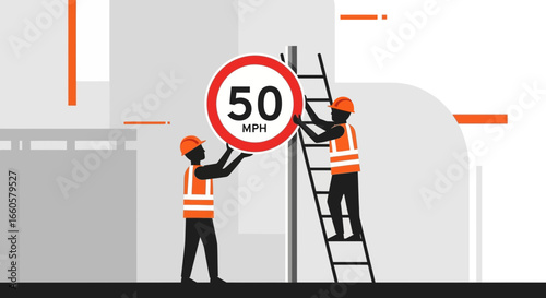Construction Workers Installing New Fifty Miles Per Hour Speed Limit Road Sign