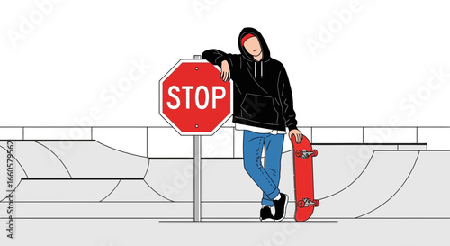 Contemplative Skater Leaning on Stop Sign at Skatepark Vector Illustration