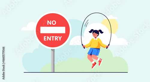 Contradictory Illustration: Girl Skipping Rope near 'No Entry' Sign Depicting Freedom and Restriction