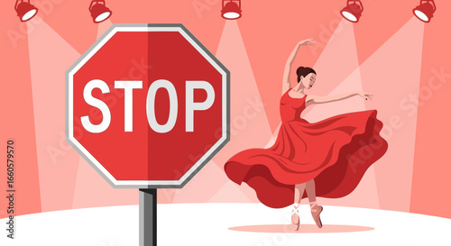 Contrast Of Freedom In Dance And Restriction Under Spotlight With Stop Sign