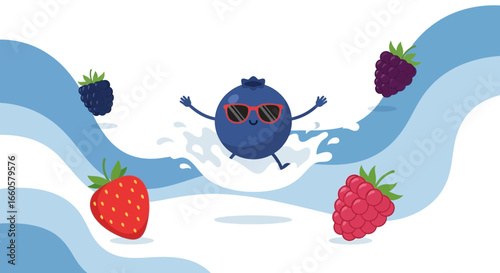 Cool Blueberry Character Jumping in Water with Strawberry and Raspberry Cartoon
