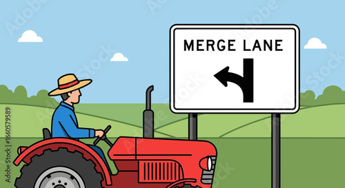 Country Roadside Tractor At Merge Sign Offering An Alternative Direction