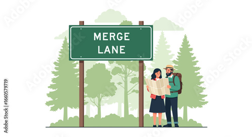 Couple Hiking Looking At Map In A Forest With Merge Lane Sign