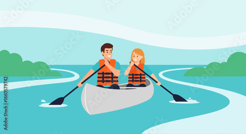 Couple Paddling Together In A Canoe With Orange Life Vests On The River
