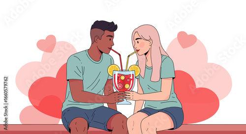 Couple Sharing a Drink Together Surrounded by Love Hearts Illustration