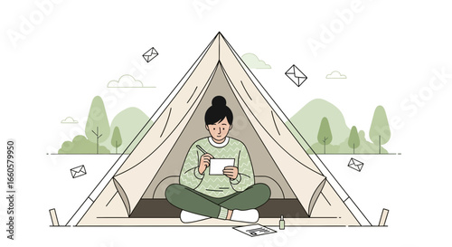 Cozy Camping Retreat Woman Writing Letters Inside A Tent Away From It All