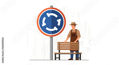 Craftsman Taking A Break Near Circular Directional Sign In A Modern Urban Setting
