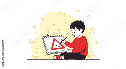 Creative Boy Drawing Yield Sign On Notepad Illustration For Traffic Education