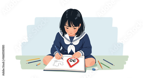 Creative Child Draws Road Sign With Coloring Pencils On Sketchbook Illustration